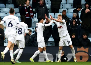 Tottenham celebrate during their win at Aston Villa