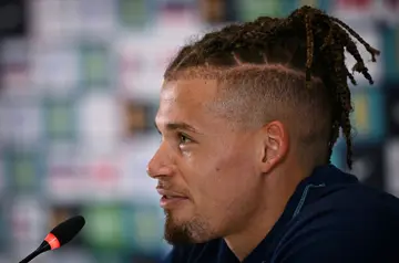 England midfielder Kalvin Phillips talks to the media during the World Cup