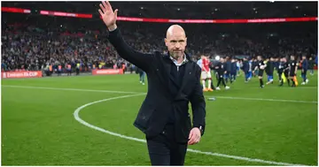  Erik ten Hag acknowledges the fans after Man United's victory in the penalty shoot-out during the FA Cup Semi-Final against Brighton at Wembley. Photo by Michael Regan.