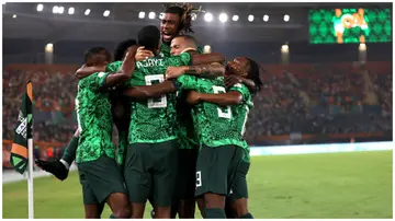 Nigeria celebrate their goal during the CAF Africa Cup of Nations round of 16 match against Cameroon. Photo: MB Media.