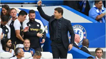Mauricio Pochettino celebrates during the Premier League match between Chelsea FC and Liverpool FC at Stamford Bridge. Photo by Clive Mason.