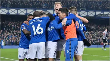 Everton players celebrate during their Premier League match against Newcastle United at Goodison Park. Photo by Tony McArdle.