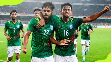 Saad Uddin of Bangladesh celebrates with teammates