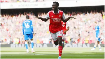 Eddie Nketiah celebrates after scoring during the Premier League match between Arsenal and Everton at Emirates Stadium. Photo by Mike Hewitt.