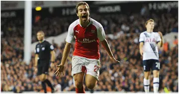 Mathieu Flamini celebrates after scoring during the Capital One Cup match between Tottenham Hotspur and Arsenal. Photo by Stuart MacFarlane.