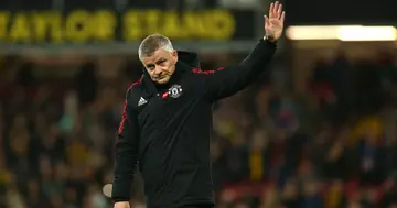 Ole Gunnar Solskjaer, Manager of Manchester United acknowledges the fans following the Premier League match between Watford and Manchester United at Vicarage Road on November 20, 2021 in Watford, England. (Photo by Charlie Crowhurst/Getty Images)