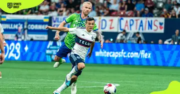 Vancouver Whitecaps FC's Andrés Cubas (front) in action.