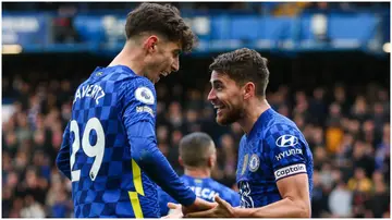 Kai Havertz celebrates with Jorginho after scoring during the Premier League match between Chelsea and Newcastle United at Stamford Bridge. Photo by Craig Mercer.