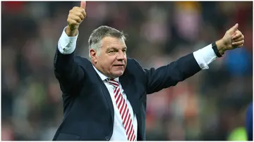 Sam Allardyce celebrates staying in the Premier League after victory during the Barclays Premier League match between Sunderland and Everton at the Stadium of Light. Photo by Ian MacNicol.