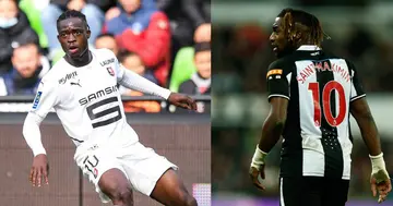 Wingers Kamaldeen Sulemana and Allan Saint-Maximin playing for their clubs, Stade Rennes and Newcastle United. Credit: @PlanetSportcom @staderennais