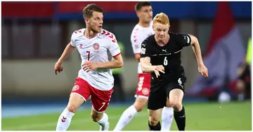 Mathias Jensen and Nicolas Seiwald during the UEFA Nations League League match between Austria and Denmark at Ernst Happel Stadion. Photo by Robbie Jay Barratt.