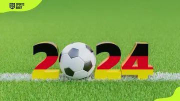 A soccer ball with the digits 2024 coloured with the German flag colours