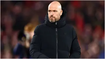 Erik ten Hag looks on during the Emirates FA Cup Fifth Round match between Nottingham Forest and Manchester United at City Ground. Photo by Marc Atkins.