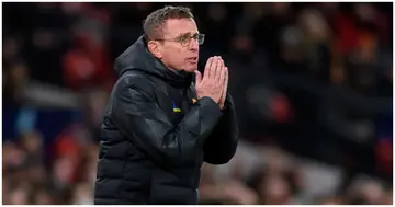 Ralf Rangnick looks dejected during the UEFA Champions League group match between Man United and Young Boys at Old Trafford. Photo by Vincent Mignott.