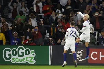 Gio Reyna (right) celebrates his second goal in the USA's 4-0 friendly win over Ghana