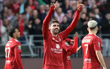 Pierre Lees-Melou celebrates his goal against Le Havre