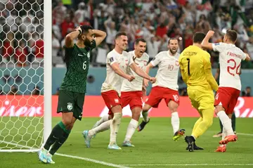 Wojciech Szczesny was mobbed by his teammates after his double save preserved Poland's lead in the World Cup Group C match against Saudi Arabia