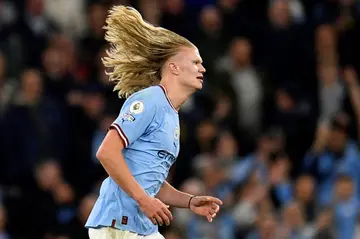 Hair-raising: Manchester City's Erling Haaland celebrates scoring his team's fourth goal