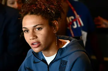 US forward Trinity Rodman speaks to reporters at a media event for the 2023 US Women's World Cup team