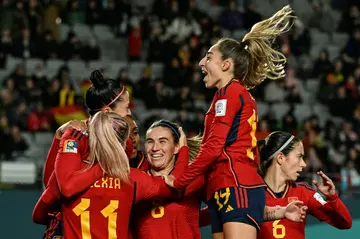 Spain's Jennifer Hermoso celebrates with teammates after scoring at the World Cup