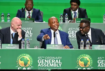 FIFA president Gianni Infantino (left), CAF president Patrice Motsepe (centre) and CAF secretary general Veron Mosengo Omba (right) at the CAF 45th Ordinary General Assembly in Abidjan on Thursday