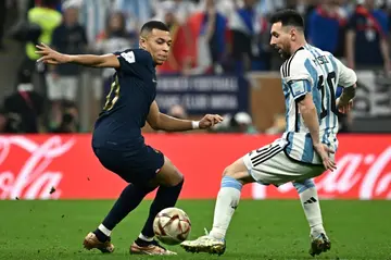 Kylian Mbappe and Lionel Messi during the World Cup final between France and Argentina in Doha in December