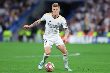 Toni Kroos of Real Madrid during the UEFA Champions League match against Manchester City at Estadio Santiago Bernabeu on April 09, 2024 in Madrid, Spain