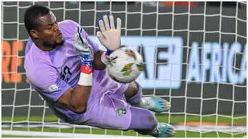 Stanley Nwabali saves a penalty during the Africa Cup of Nations 2023 semi-final football match between Nigeria and South Africa. Photo: ISSOUF SANOGO.