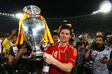 Xabi Alonso of Spain lifts the Euro 2008 trophy