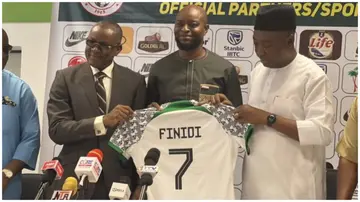 The Nigeria Football Federation unveils Finidi George as the new Super Eagles coach on Monday, May 13. Photo: @FootballTemple.