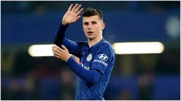 Mason Mount waves to the fans at the end of a Premier League match between Chelsea and Aston Villa at Stamford Bridge. Photo by Tess Derry.