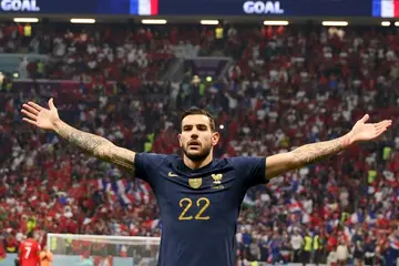 France defender Theo Hernandez celebrates his goal against Morocco at the World Cup