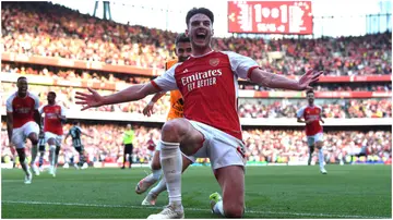 Declan Rice celebrates after scoring during the Premier League match between Arsenal FC and Manchester United at Emirates Stadium. Photo by Stuart MacFarlane.