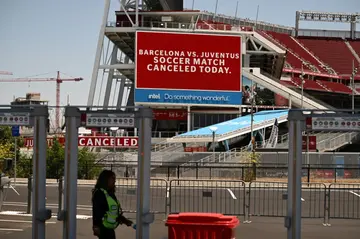 A sign at Levi's Stadium in Santa Clara, California, warns fans of the cancelation of the friendly football match between Barcelona and Juventus