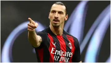 Zlatan Ibrahimovic celebrates after scoring during the Serie A match between AC Milan and FC Crotone at Stadio Giuseppe Meazza. Photo by Marco Luzzani.