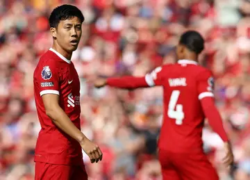 Wataru Endo (left) could make his first Liverpool start at Newcastle on Sunday