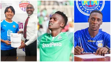 Ugandan midfielder Rogers Mugisha (C) left Gor Mahia, striker Derrick Nsibambi (R) extended his stay at Bandari while Yuto Kusaba was cleared to play for Nairobi City Stars. Photos: FKF Premier League, Bandari and Official Nairobi City Stars.