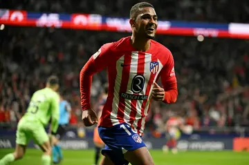 Atletico Madrid forward Samuel Lino celebrates scoring the opening goal against Valencia at the Metropolitano Stadium