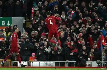 Rising up: Virgil van Dijk (centre) scored the opening goal as Liverpool beat Wolves 2-0 to go sixth in the Premier League