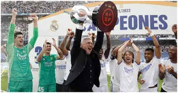 Carlo Ancelotti coach of Real Madrid holding the La Liga trophy at Santiago Bernabeu. Photo by Victor Carretero.