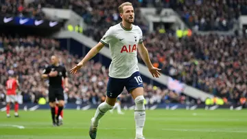 Harry Kane celebrates after scoring during the Premier League match between Tottenham Hotspur and Nottingham Forest. Photo by Justin Setterfield.