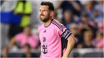 Lionel Messi smiles during the MLS soccer match between Nashville SC and Inter Miami CF. Photo by Doug Murray.