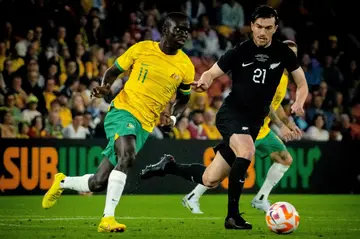 A 35th minute goal from Australia's Awer Mabil (L) was enough to give the Socceroos the win