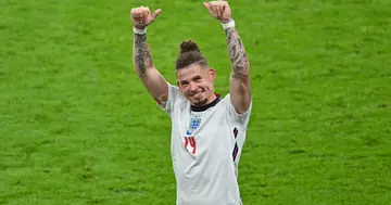 Kalvin Phillips of England celebrates their side's victory after the UEFA Euro 2020 Championship Semi-final match between England and Denmark. (Photo by Justin Tallis - Pool/Getty Images)