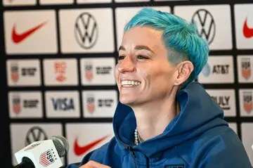 United States forward Megan Rapinoe speaks to reporters during Media Day for the US Women's World Cup squad