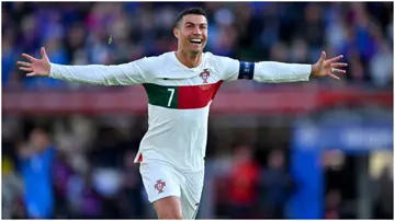 Cristiano Ronaldo celebrates during the UEFA EURO 2024 Qualifying Round Group J match between Iceland and Portugal. Photo by Will Palmer.