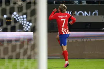 Atletico Madrid's French forward Antoine Griezmann celebrates after scoring his 174th goal for the club to become the standalone top scorer