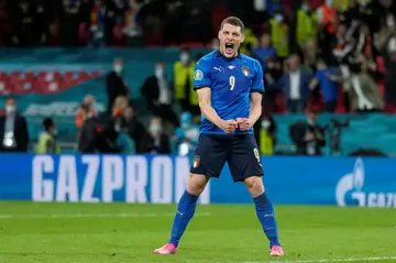 Andrea Belotti  after netting during the shootout as Italy beat Spain in the Euro semi-final