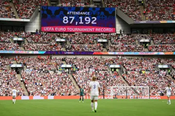 New record: A giant screen shows the number of people attending the UEFA Women's Euro 2022 final between England and Germany at the Wembley stadium, London