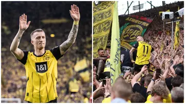 Marco Reus reacts to Dortmund fans after the Bundesliga match against SV Darmstadt 98 at Signal Iduna Park on May 18. 